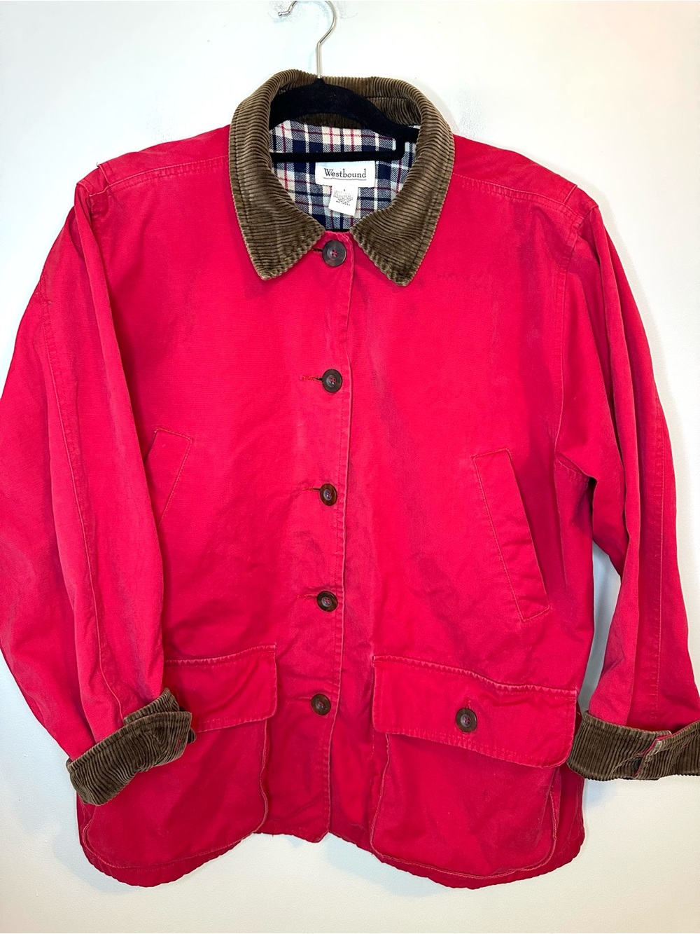 Vintage Westbound Red Barn Coat L Corduroy Collar Plaid Lined Chore Jacket